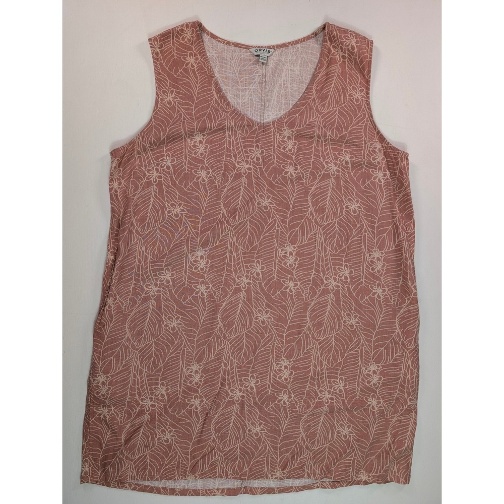 Orvis Women XXL Terracotta Tropical Leaf Floral Linen Blend V-Neck Tank Top